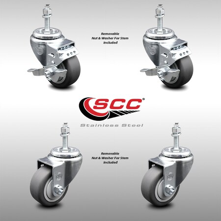 Service Caster 3 Inch SS Thermoplastic Rubber Swivel 1/2 Inch Threaded Stem Caster Brakes, 2PK SCC-SSTS20S314-TPRB-381615-2-TLB-2